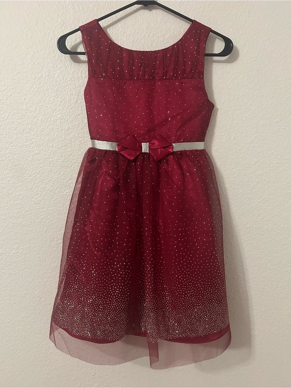 Girls' Burgundy Sparkle Holiday Dress with Silver Accent
